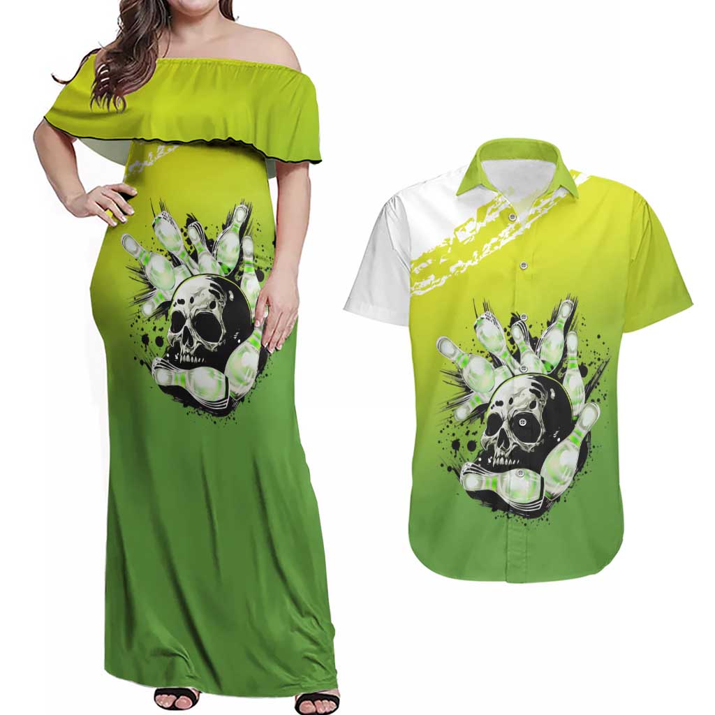 Personalized Skull Bowling Couples Matching Off Shoulder Maxi Dress and Hawaiian Shirt with Neon Green Strike Design - Edgy Bowler Style - Wonder Print Shop