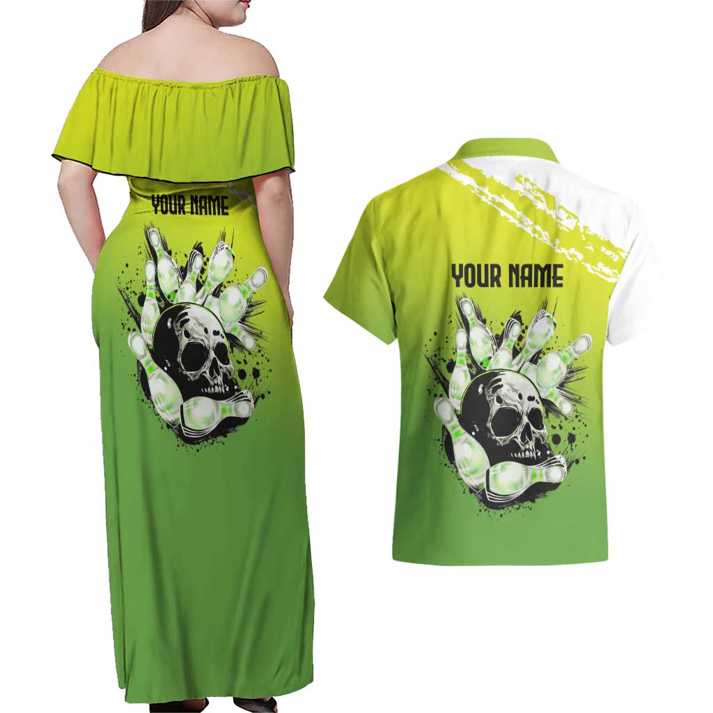 Personalized Skull Bowling Couples Matching Off Shoulder Maxi Dress and Hawaiian Shirt with Neon Green Strike Design - Edgy Bowler Style - Wonder Print Shop