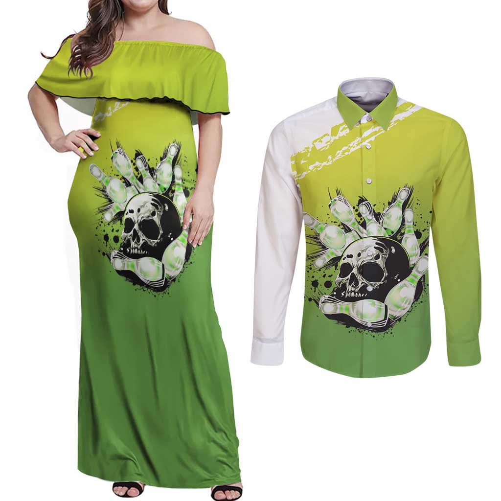 Personalized Skull Bowling Couples Matching Off Shoulder Maxi Dress and Long Sleeve Button Shirt with Neon Green Strike Design - Edgy Bowler Style - Wonder Print Shop