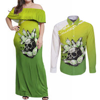 Personalized Skull Bowling Couples Matching Off Shoulder Maxi Dress and Long Sleeve Button Shirt with Neon Green Strike Design - Edgy Bowler Style - Wonder Print Shop