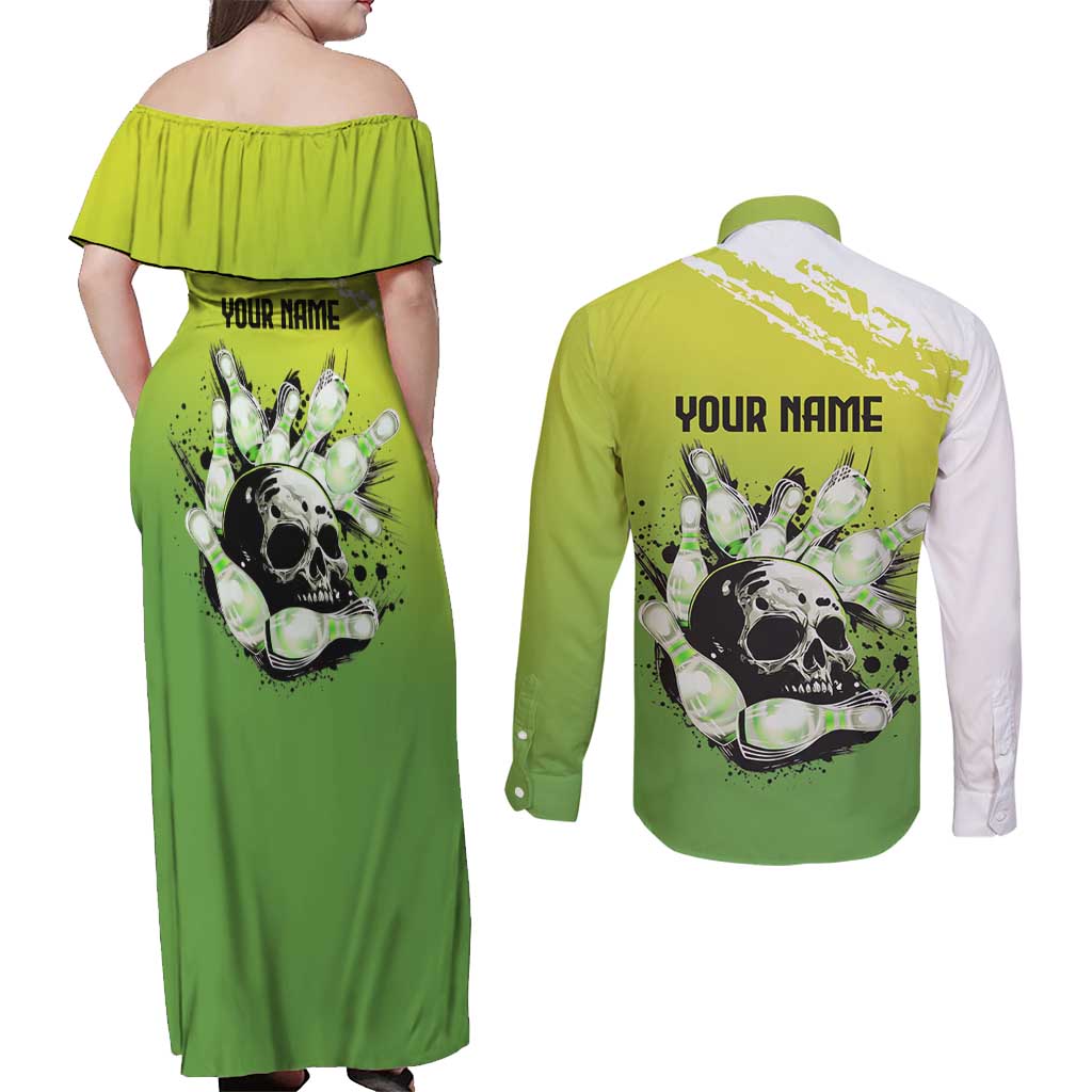 Personalized Skull Bowling Couples Matching Off Shoulder Maxi Dress and Long Sleeve Button Shirt with Neon Green Strike Design - Edgy Bowler Style - Wonder Print Shop