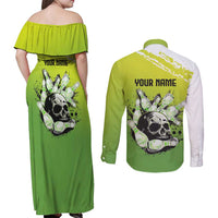 Personalized Skull Bowling Couples Matching Off Shoulder Maxi Dress and Long Sleeve Button Shirt with Neon Green Strike Design - Edgy Bowler Style - Wonder Print Shop