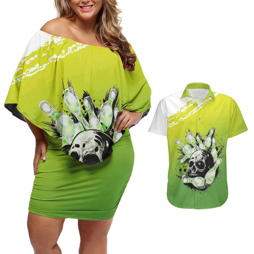 Personalized Skull Bowling Couples Matching Off Shoulder Short Dress and Hawaiian Shirt with Neon Green Strike Design - Edgy Bowler Style - Wonder Print Shop
