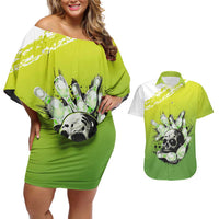 Personalized Skull Bowling Couples Matching Off Shoulder Short Dress and Hawaiian Shirt with Neon Green Strike Design - Edgy Bowler Style - Wonder Print Shop