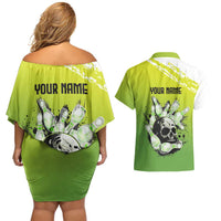 Personalized Skull Bowling Couples Matching Off Shoulder Short Dress and Hawaiian Shirt with Neon Green Strike Design - Edgy Bowler Style - Wonder Print Shop