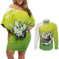 Personalized Skull Bowling Couples Matching Off Shoulder Short Dress and Long Sleeve Button Shirt with Neon Green Strike Design - Edgy Bowler Style - Wonder Print Shop