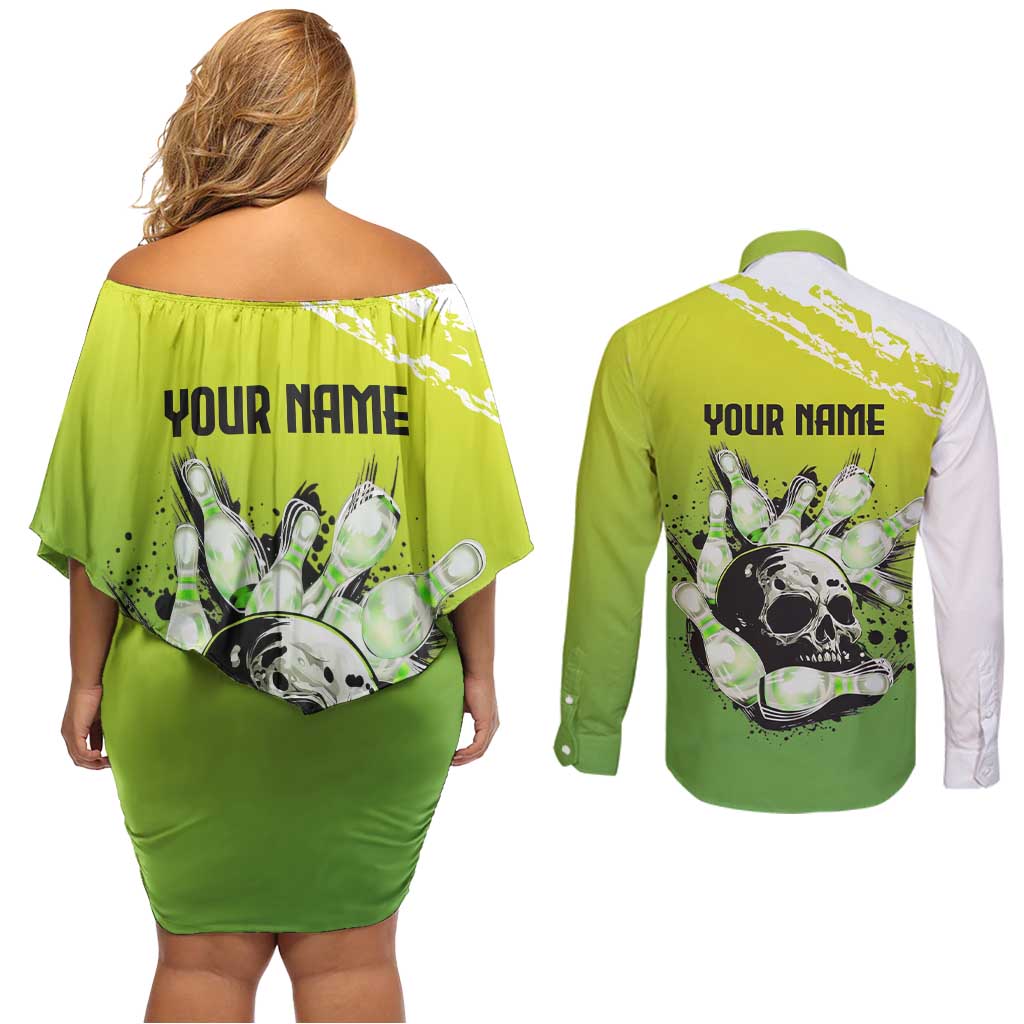 Personalized Skull Bowling Couples Matching Off Shoulder Short Dress and Long Sleeve Button Shirt with Neon Green Strike Design - Edgy Bowler Style - Wonder Print Shop