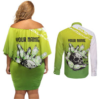 Personalized Skull Bowling Couples Matching Off Shoulder Short Dress and Long Sleeve Button Shirt with Neon Green Strike Design - Edgy Bowler Style - Wonder Print Shop