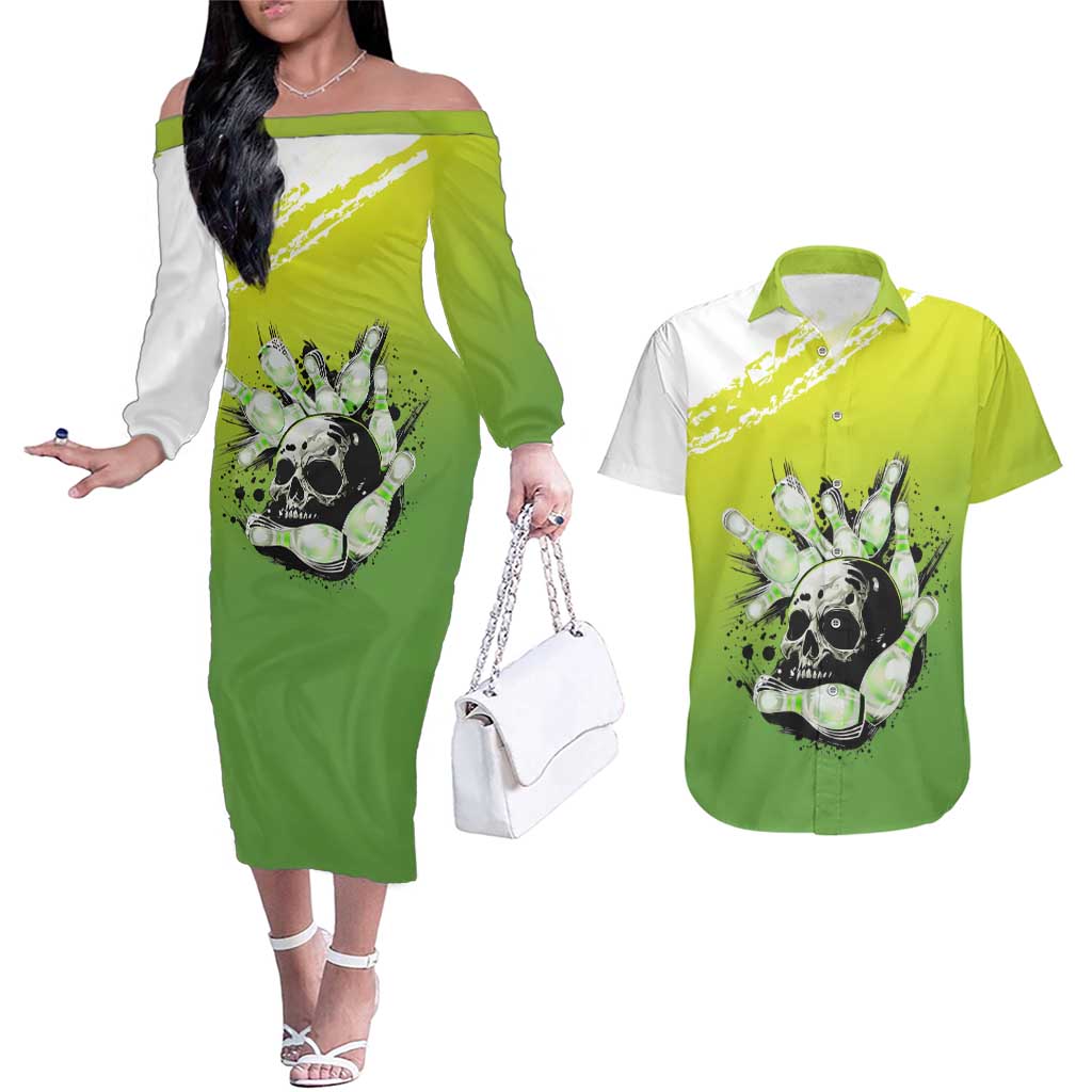 Personalized Skull Bowling Couples Matching Off The Shoulder Long Sleeve Dress and Hawaiian Shirt with Neon Green Strike Design - Edgy Bowler Style - Wonder Print Shop