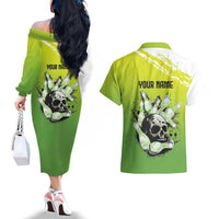 Personalized Skull Bowling Couples Matching Off The Shoulder Long Sleeve Dress and Hawaiian Shirt with Neon Green Strike Design - Edgy Bowler Style - Wonder Print Shop