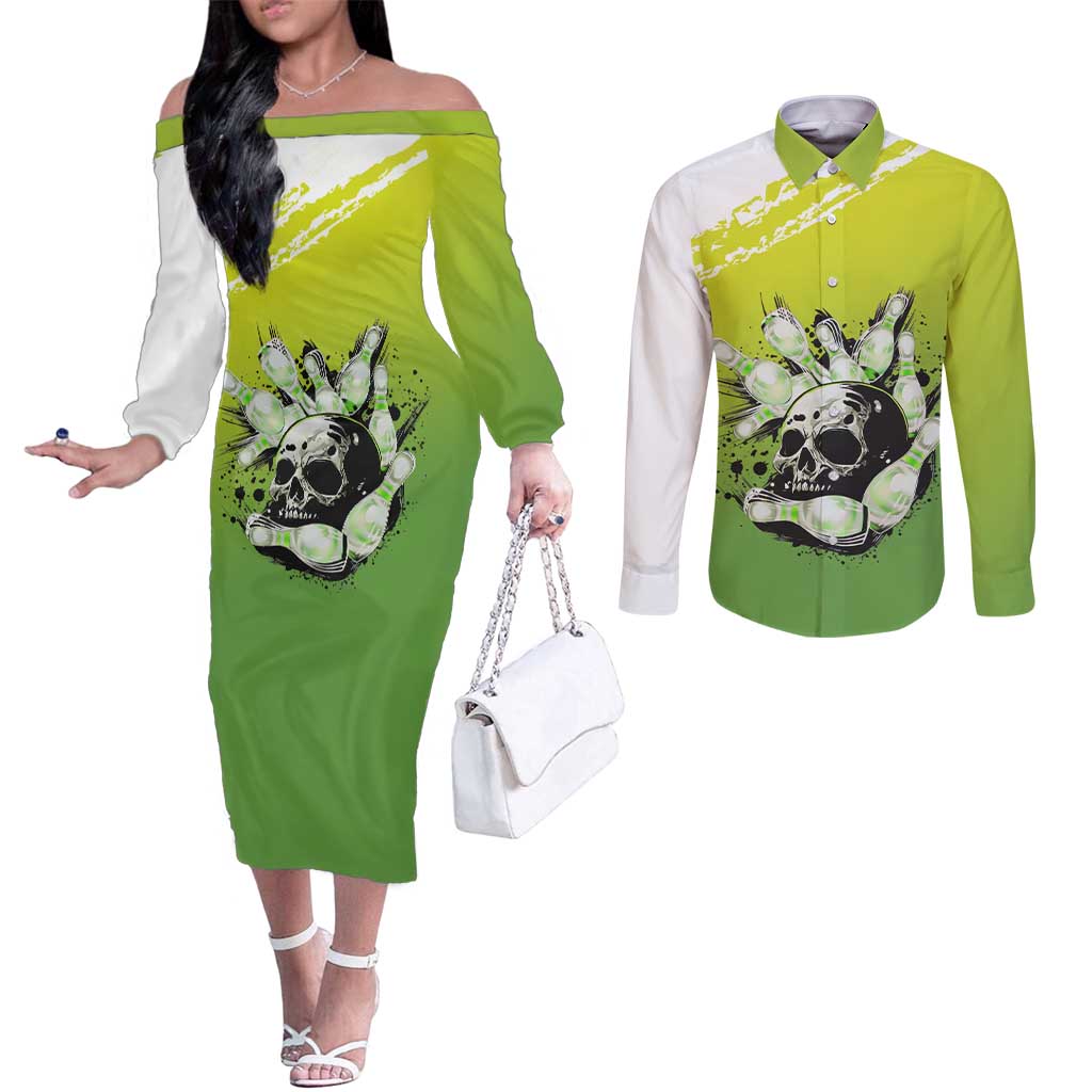 Personalized Skull Bowling Couples Matching Off The Shoulder Long Sleeve Dress and Long Sleeve Button Shirt with Neon Green Strike Design - Edgy Bowler Style - Wonder Print Shop