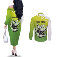Personalized Skull Bowling Couples Matching Off The Shoulder Long Sleeve Dress and Long Sleeve Button Shirt with Neon Green Strike Design - Edgy Bowler Style - Wonder Print Shop