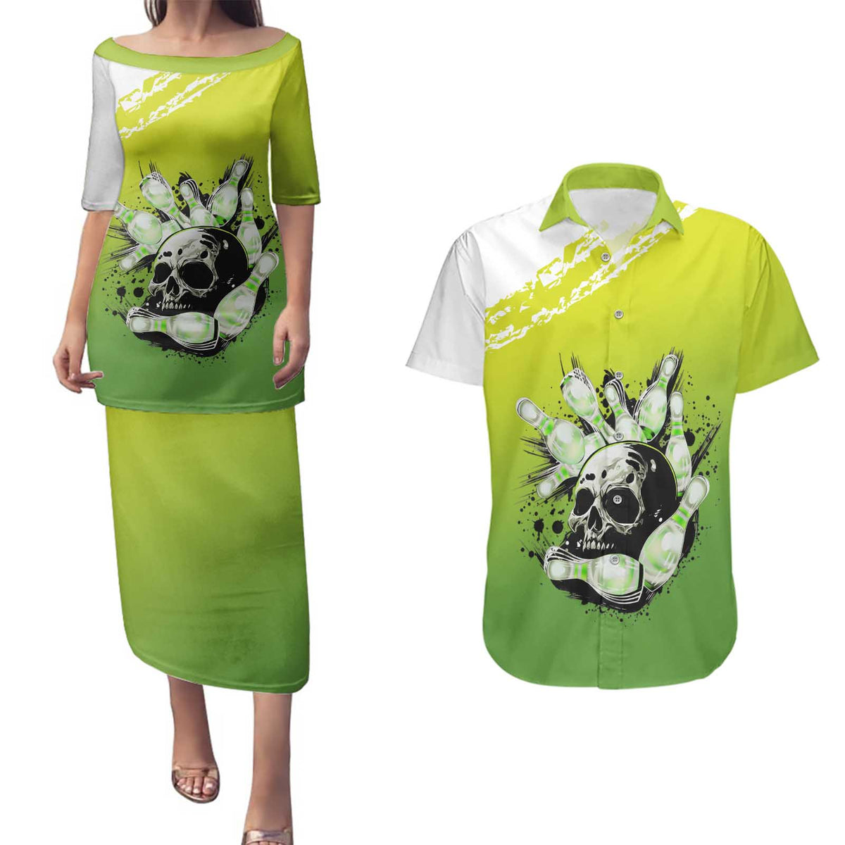 Personalized Skull Bowling Couples Matching Puletasi and Hawaiian Shirt with Neon Green Strike Design - Edgy Bowler Style - Wonder Print Shop