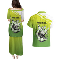 Personalized Skull Bowling Couples Matching Puletasi and Hawaiian Shirt with Neon Green Strike Design - Edgy Bowler Style - Wonder Print Shop