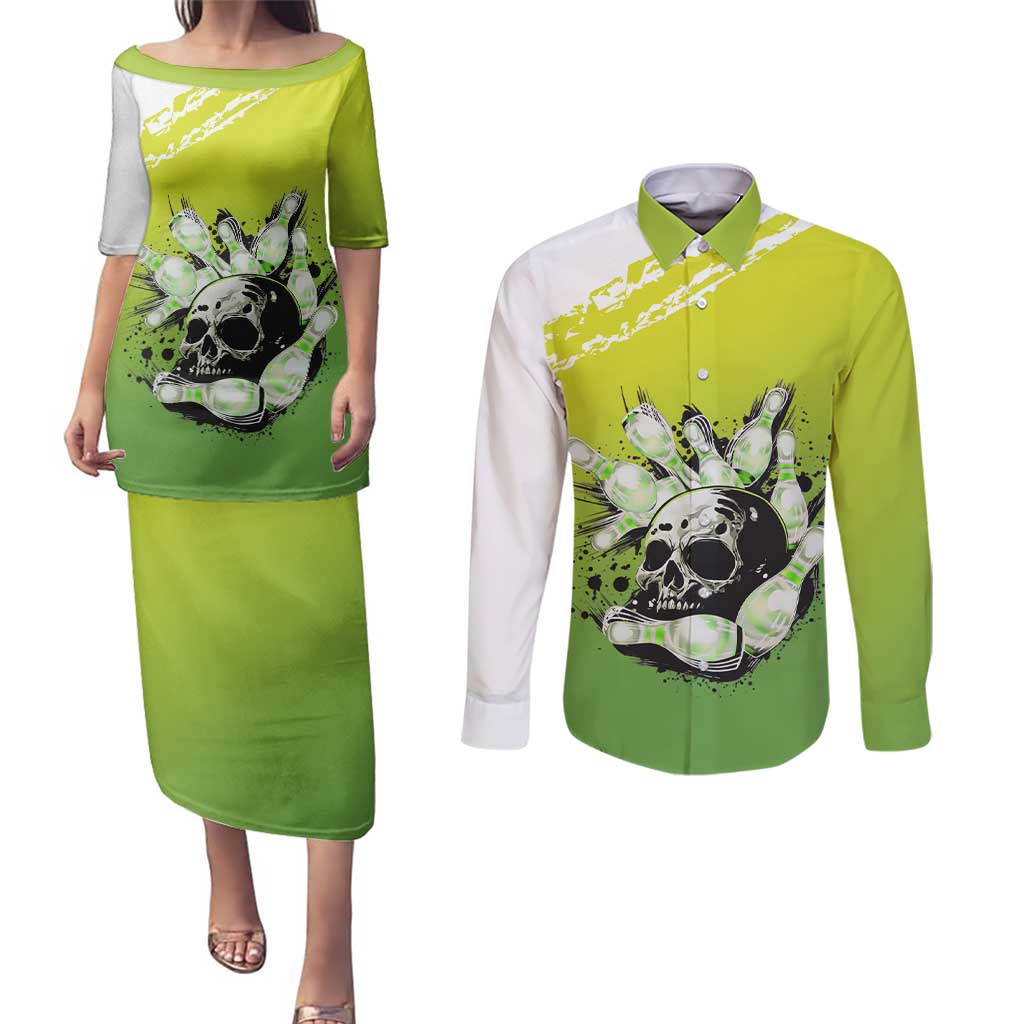 Personalized Skull Bowling Couples Matching Puletasi and Long Sleeve Button Shirt with Neon Green Strike Design - Edgy Bowler Style - Wonder Print Shop