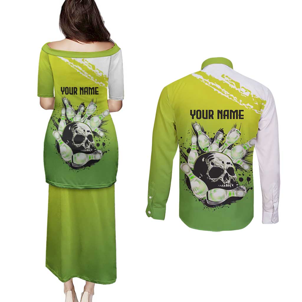 Personalized Skull Bowling Couples Matching Puletasi and Long Sleeve Button Shirt with Neon Green Strike Design - Edgy Bowler Style - Wonder Print Shop