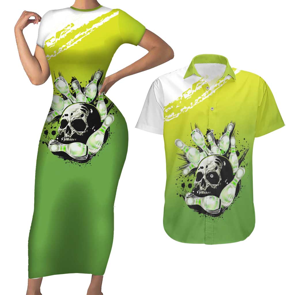 Personalized Skull Bowling Couples Matching Short Sleeve Bodycon Dress and Hawaiian Shirt with Neon Green Strike Design - Edgy Bowler Style - Wonder Print Shop