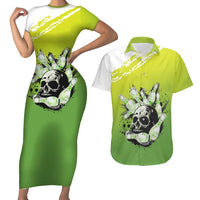 Personalized Skull Bowling Couples Matching Short Sleeve Bodycon Dress and Hawaiian Shirt with Neon Green Strike Design - Edgy Bowler Style - Wonder Print Shop