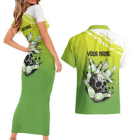 Personalized Skull Bowling Couples Matching Short Sleeve Bodycon Dress and Hawaiian Shirt with Neon Green Strike Design - Edgy Bowler Style - Wonder Print Shop