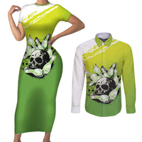 Personalized Skull Bowling Couples Matching Short Sleeve Bodycon Dress and Long Sleeve Button Shirt with Neon Green Strike Design - Edgy Bowler Style - Wonder Print Shop