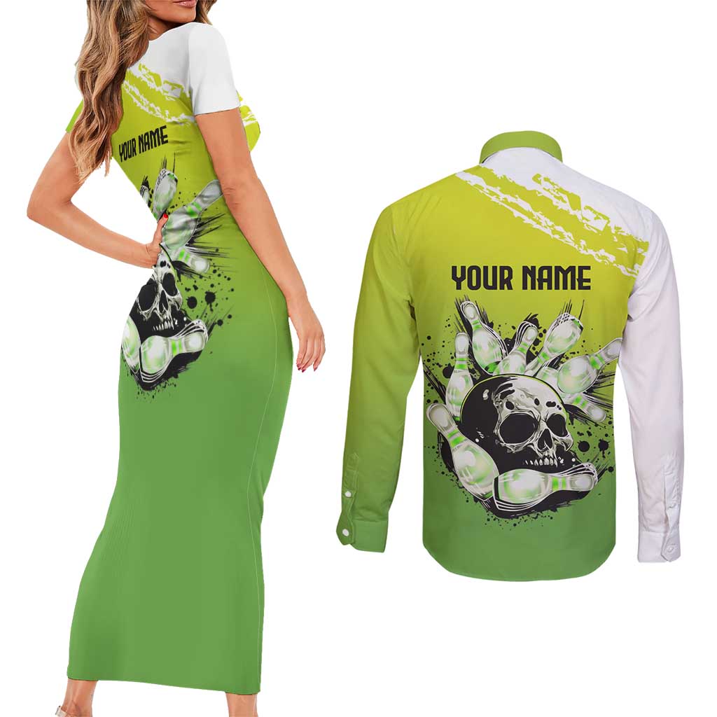 Personalized Skull Bowling Couples Matching Short Sleeve Bodycon Dress and Long Sleeve Button Shirt with Neon Green Strike Design - Edgy Bowler Style - Wonder Print Shop