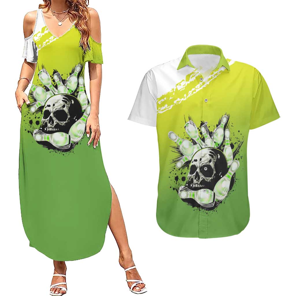 Personalized Skull Bowling Couples Matching Summer Maxi Dress and Hawaiian Shirt with Neon Green Strike Design - Edgy Bowler Style - Wonder Print Shop