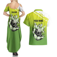 Personalized Skull Bowling Couples Matching Summer Maxi Dress and Hawaiian Shirt with Neon Green Strike Design - Edgy Bowler Style - Wonder Print Shop