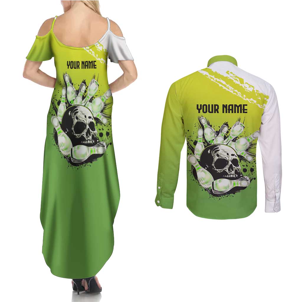 Personalized Skull Bowling Couples Matching Summer Maxi Dress and Long Sleeve Button Shirt with Neon Green Strike Design - Edgy Bowler Style - Wonder Print Shop