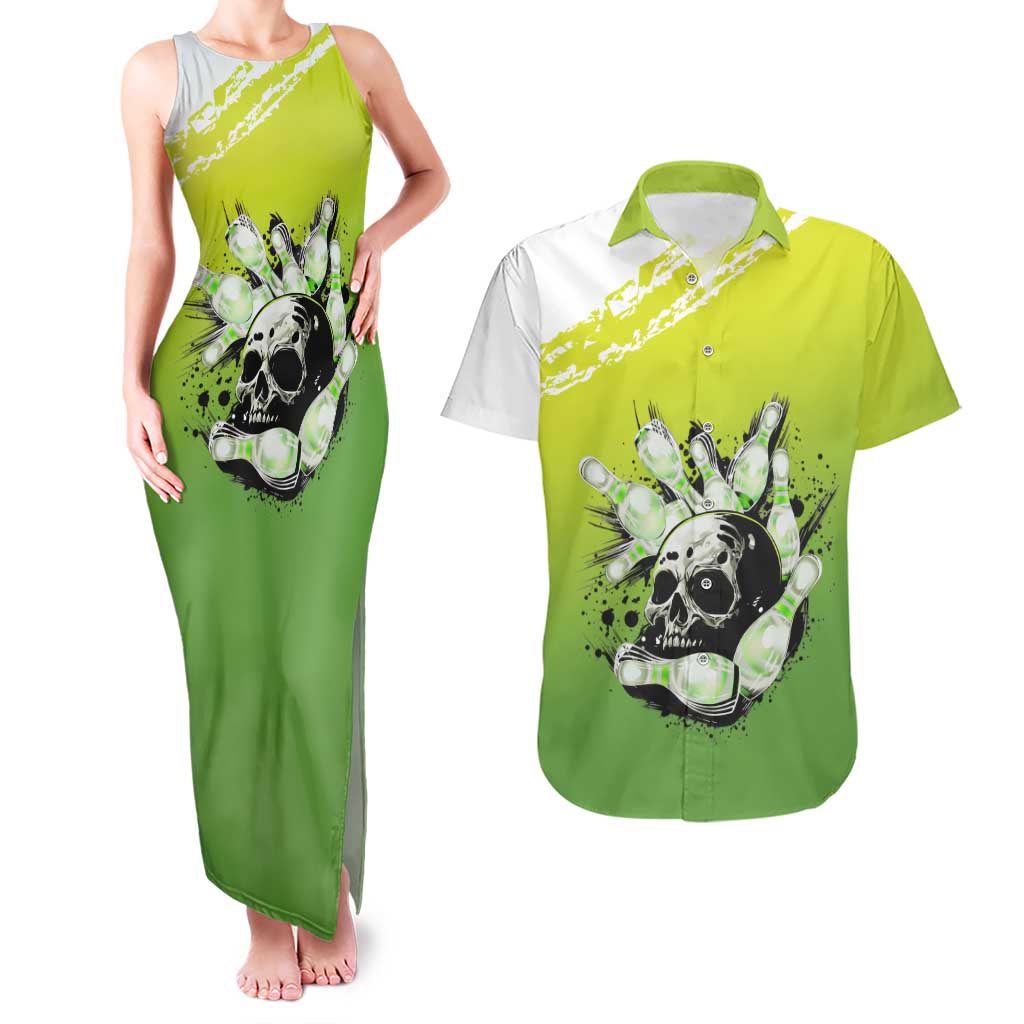 Personalized Skull Bowling Couples Matching Tank Maxi Dress and Hawaiian Shirt with Neon Green Strike Design - Edgy Bowler Style - Wonder Print Shop