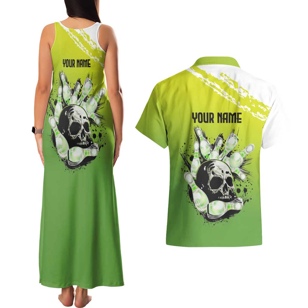 Personalized Skull Bowling Couples Matching Tank Maxi Dress and Hawaiian Shirt with Neon Green Strike Design - Edgy Bowler Style - Wonder Print Shop