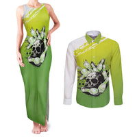 Personalized Skull Bowling Couples Matching Tank Maxi Dress and Long Sleeve Button Shirt with Neon Green Strike Design - Edgy Bowler Style - Wonder Print Shop