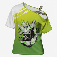 Personalized Skull Bowling Cross Shoulder Shirt with Neon Green Strike Design - Edgy Bowler Style - Wonder Print Shop