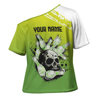 Personalized Skull Bowling Cross Shoulder Shirt with Neon Green Strike Design - Edgy Bowler Style - Wonder Print Shop