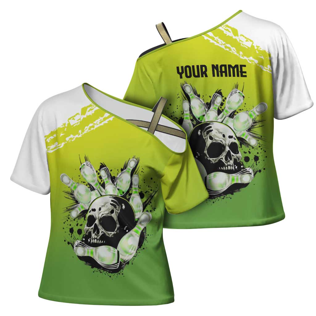 Personalized Skull Bowling Cross Shoulder Shirt with Neon Green Strike Design - Edgy Bowler Style - Wonder Print Shop
