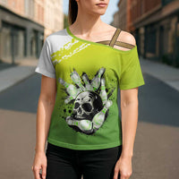 Personalized Skull Bowling Cross Shoulder Shirt with Neon Green Strike Design - Edgy Bowler Style - Wonder Print Shop