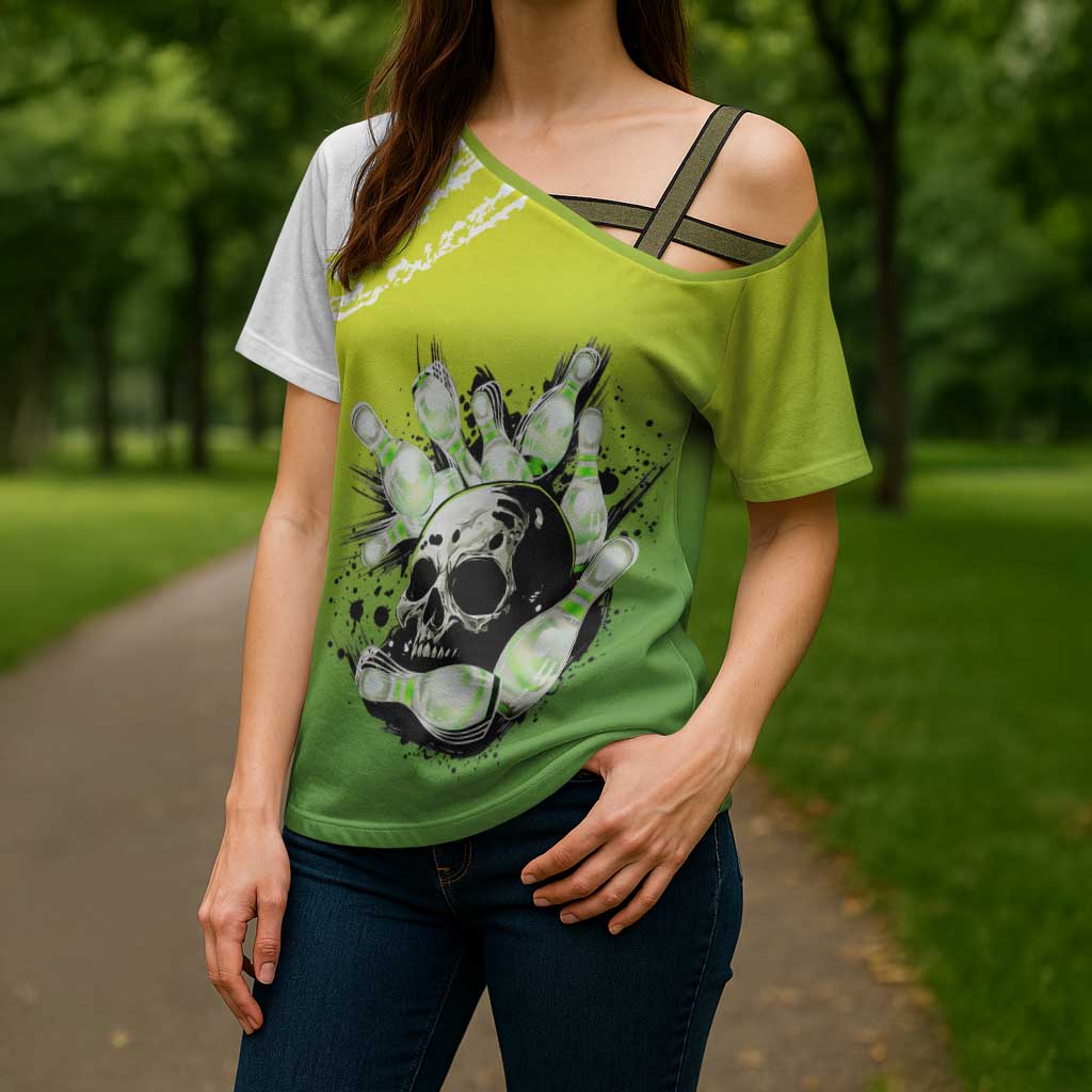 Personalized Skull Bowling Cross Shoulder Shirt with Neon Green Strike Design - Edgy Bowler Style - Wonder Print Shop
