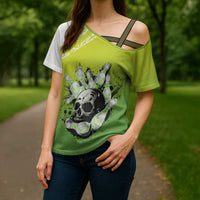 Personalized Skull Bowling Cross Shoulder Shirt with Neon Green Strike Design - Edgy Bowler Style - Wonder Print Shop