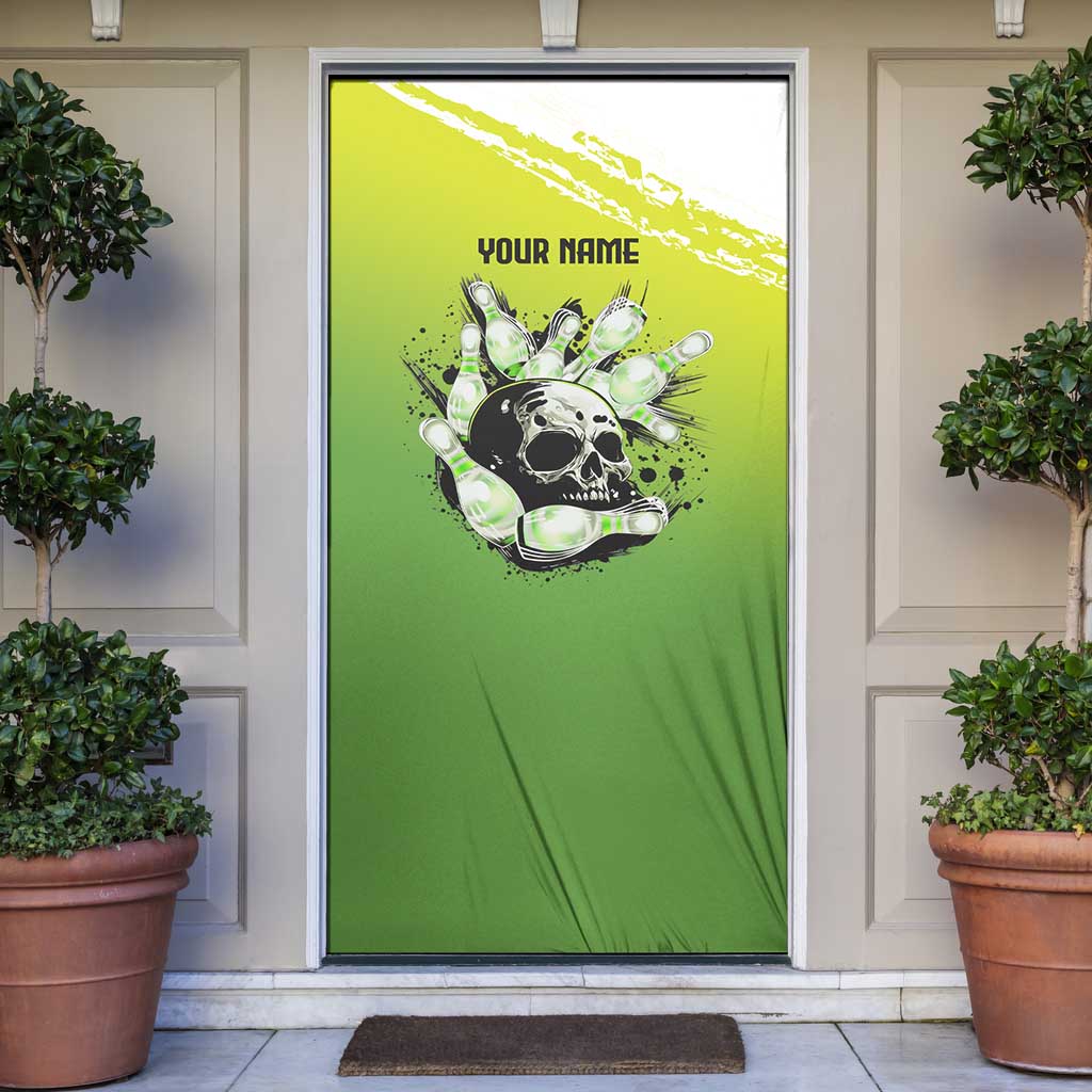 Personalized Skull Bowling Door Cover with Neon Green Strike Design - Edgy Bowler Style - Wonder Print Shop