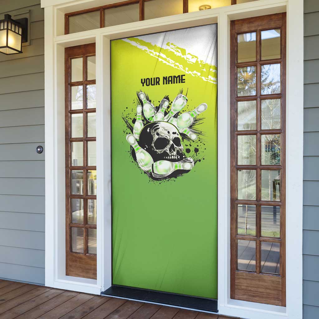 Personalized Skull Bowling Door Cover with Neon Green Strike Design - Edgy Bowler Style - Wonder Print Shop