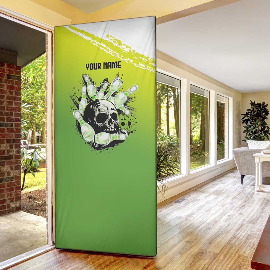 Personalized Skull Bowling Door Cover with Neon Green Strike Design - Edgy Bowler Style - Wonder Print Shop