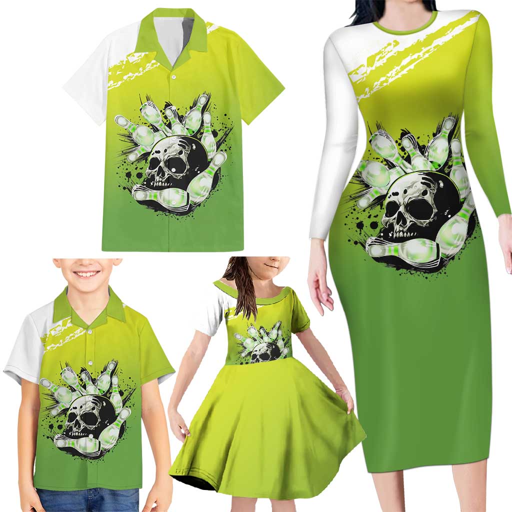 Personalized Skull Bowling Family Matching Long Sleeve Bodycon Dress and Hawaiian Shirt with Neon Green Strike Design - Edgy Bowler Style - Wonder Print Shop