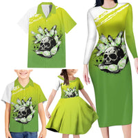 Personalized Skull Bowling Family Matching Long Sleeve Bodycon Dress and Hawaiian Shirt with Neon Green Strike Design - Edgy Bowler Style - Wonder Print Shop