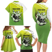 Personalized Skull Bowling Family Matching Long Sleeve Bodycon Dress and Hawaiian Shirt with Neon Green Strike Design - Edgy Bowler Style - Wonder Print Shop