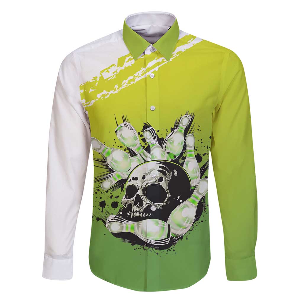 Personalized Skull Bowling Family Matching Long Sleeve Bodycon Dress and Hawaiian Shirt with Neon Green Strike Design - Edgy Bowler Style - Wonder Print Shop
