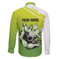 Personalized Skull Bowling Family Matching Long Sleeve Bodycon Dress and Hawaiian Shirt with Neon Green Strike Design - Edgy Bowler Style - Wonder Print Shop