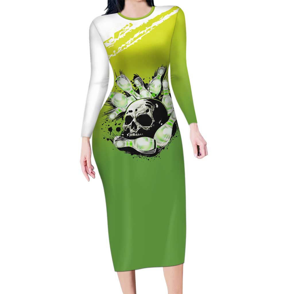Personalized Skull Bowling Family Matching Long Sleeve Bodycon Dress and Hawaiian Shirt with Neon Green Strike Design - Edgy Bowler Style - Wonder Print Shop