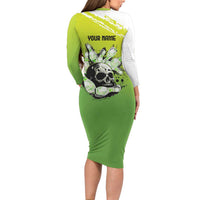 Personalized Skull Bowling Family Matching Long Sleeve Bodycon Dress and Hawaiian Shirt with Neon Green Strike Design - Edgy Bowler Style - Wonder Print Shop