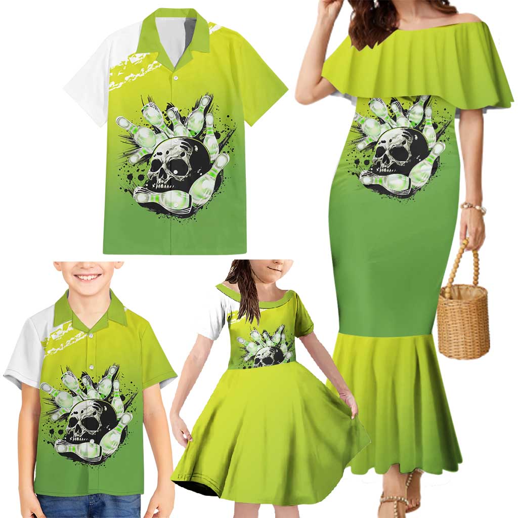 Personalized Skull Bowling Family Matching Mermaid Dress and Hawaiian Shirt with Neon Green Strike Design - Edgy Bowler Style - Wonder Print Shop