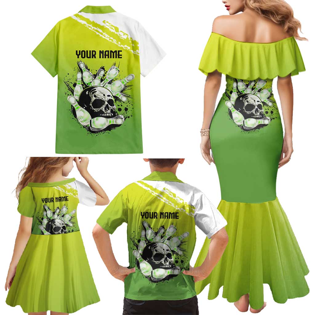 Personalized Skull Bowling Family Matching Mermaid Dress and Hawaiian Shirt with Neon Green Strike Design - Edgy Bowler Style - Wonder Print Shop