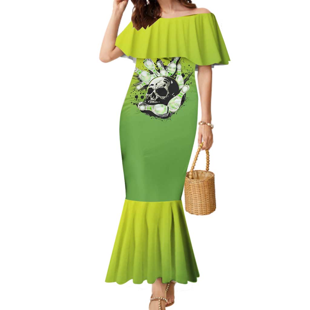 Personalized Skull Bowling Family Matching Mermaid Dress and Hawaiian Shirt with Neon Green Strike Design - Edgy Bowler Style - Wonder Print Shop